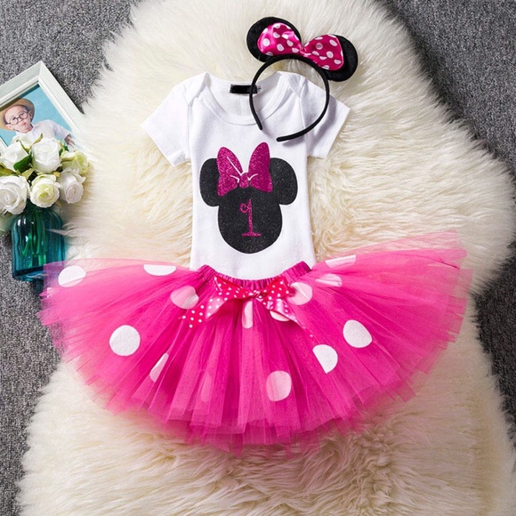 1st Birthday Outfit Matching Onesie Pink Tulle Skirt and Headband - Picture 2 of 16
